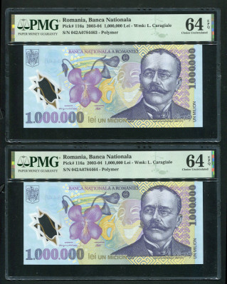 q250 PERECHE CONSECUTIVA 1000000 LEI 2003 ( 2004 ) NECIRCULATA UNC GRADATA PMG 64 EPQ foto
