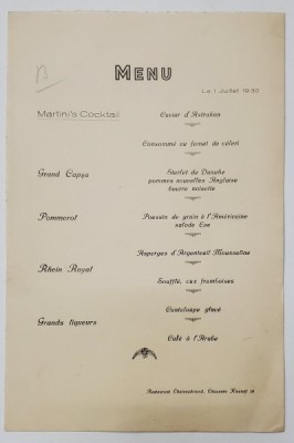 MENIUL RESTAURANTULUI CHATEAUBRIAND , DIN BUCURESTI , 1 IULIE , 1930 foto