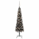Brad de Crăciun pre-iluminat slim, set globuri, negru, 240 cm