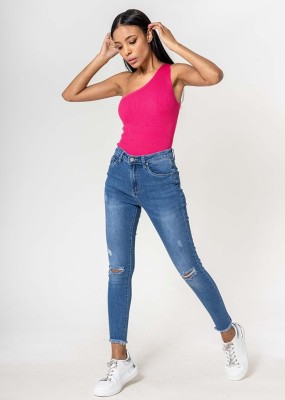 Blugi slim dama cu detalii rupte, Albastru P501-5 M10 foto
