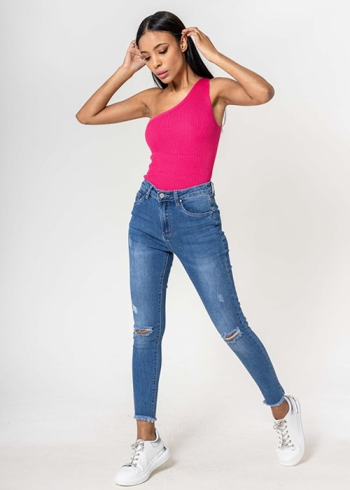 Blugi slim dama cu detalii rupte, Albastru P501-5 M10