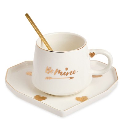 Cana ceramica cu farfurie in forma de inima si lingurita Pufo Be Mine pentru cafea sau ceai, 180 ml, alb foto