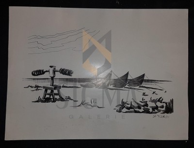 TINTU (TANTU) STEFAN RADU, BARCI LA PORTITA, SCHAB/PAPIER, GRAFICA, 1976 foto