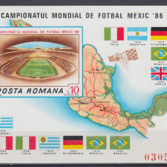 ROMANIA 1986 LP 1158 TURNEUL FINAL C.M. FOTBAL MEXIC 1986 COLITA NEDANTELATA MNH