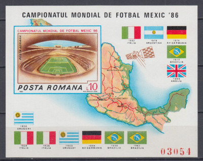 ROMANIA 1986 LP 1158 TURNEUL FINAL C.M. FOTBAL MEXIC 1986 COLITA NEDANTELATA MNH foto