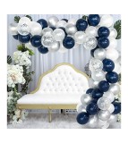 Set 123 Baloane Arcada Aniversare/Petrecere: Albastru, Alb, Gri, Confetti, Accesorii Incluse (Banda, Buline Adezive, Nodator)