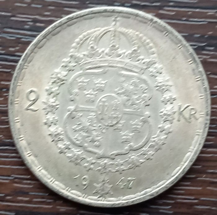 (A984) MONEDA DIN ARGINT SUEDIA - 2 KRONOR 1947, LIT. TS, REGELE GUSTAV V