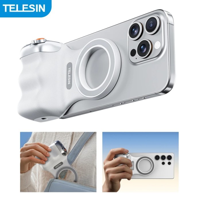 Maner inteligent cu buton, Telesin Fun Shot P1-M-10, control zoom, atasare magnetica, telecomanda bluetooth, compatibil iPhone 16, 15, 14, 13,12, Sams