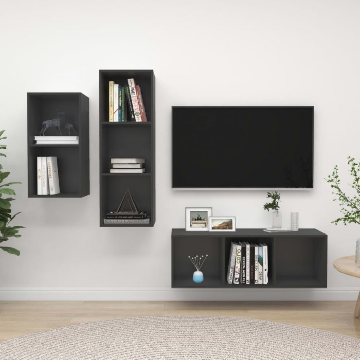 Set de dulapuri TV, 3 piese, gri, lemn prelucrat