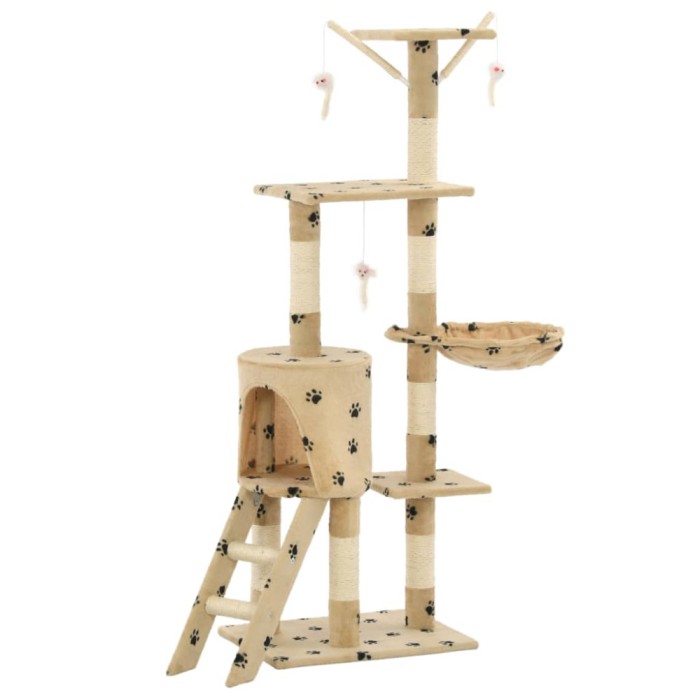 Ansamblu pisici stalpi funie sisal, 138 cm imprimeu labute, bej