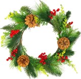 Coronita Decorativa Craciun MagicHome Suspendabila cu Conuri si Accente Rosii, Diametru 30 cm