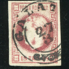 1868 , Lp 24 , Carol I favoriti 18 Bani rosu purpuriu , stampila Galati