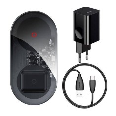 Incarcator Baseus Simple 2 in 1, 20W, incarcator retea si cablu USB-C incluse, Negru/Transparent foto