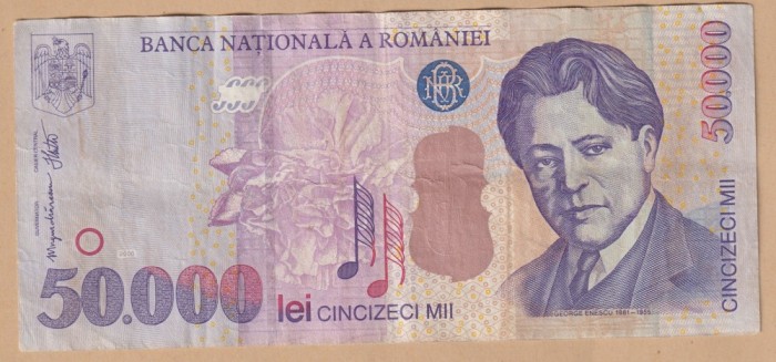 (4) BANCNOTA ROMANIA - 50.000 LEI 2000 (2004), VIOARA, PORTRET GEORGE ENESCU, STARE BUNA