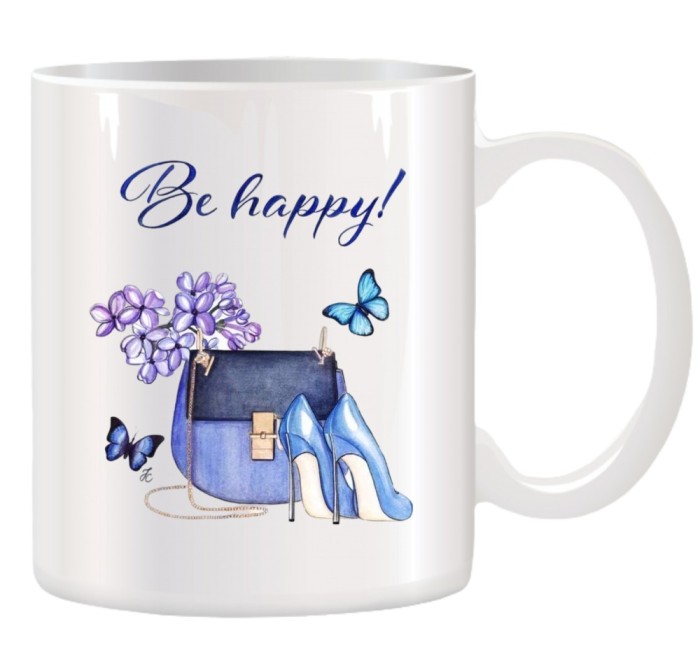 Cana alba personalizata &quot;Be Happy&quot;, pentru femei, INOVATIX&reg;. 330ml