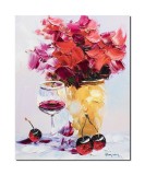 Tablou cu flori si pahar de vin pictat manual, Invitatie, 50x40cm ulei pe panza in cutit, Geo Ungureanu