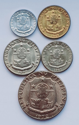 Set 5 monede Filipine 1, 5, 10, 25, 50 sentimos 1967 - 1974 UNC - A028 foto