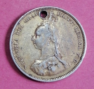 Monedă argint 1 shilling 1887 deteriorată foto