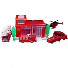 Set de joaca pompieri, sediul, masinuta cu scara extensibila si alte accesorii din metal pentru copii foto