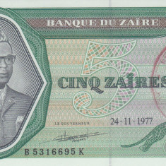 Bancnota Zair 5 Zaires 1977 - PR3 UNC (cu stampila regionala)