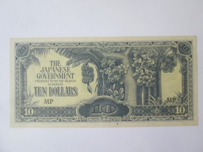 Malaya 10 Dollars 1942 UNC seria MP ocupatia japoneza WWII foto