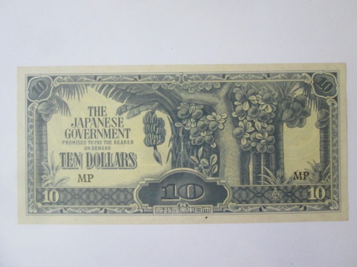 Malaya 10 Dollars 1942 UNC seria MP ocupatia japoneza WWII