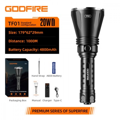 Lanterna tactica LED Godfire TF01, 1000m, 1371lm, aliaj aluminiu, 4800mAh, 245g, 5 moduri foto