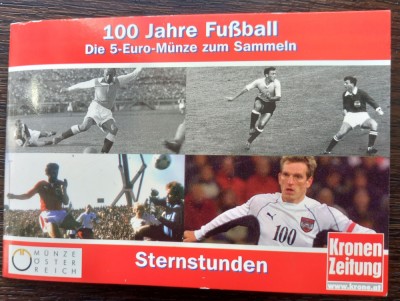 MONEDA DIN ARGINT AUSTRIA - 5 EURO 2004, MONEDA UNC IN BLISTER-100 ANI FOTBAL foto