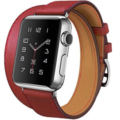 Curea iUni compatibila cu Apple Watch 1/2/3/4/5/6/7, 44mm, Double Tour, Piele, Rosu foto