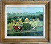 Mircea Popescu Tablou Arta Naivă Peisaj &Icirc;ntoarcerea de la C&acirc;mp, pictura ulei inramata 60x70cm, Scene gen, Miniatural