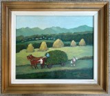 Mircea Popescu Tablou Arta Naivă Peisaj &Icirc;ntoarcerea de la C&acirc;mp, pictura ulei inramata 60x70cm