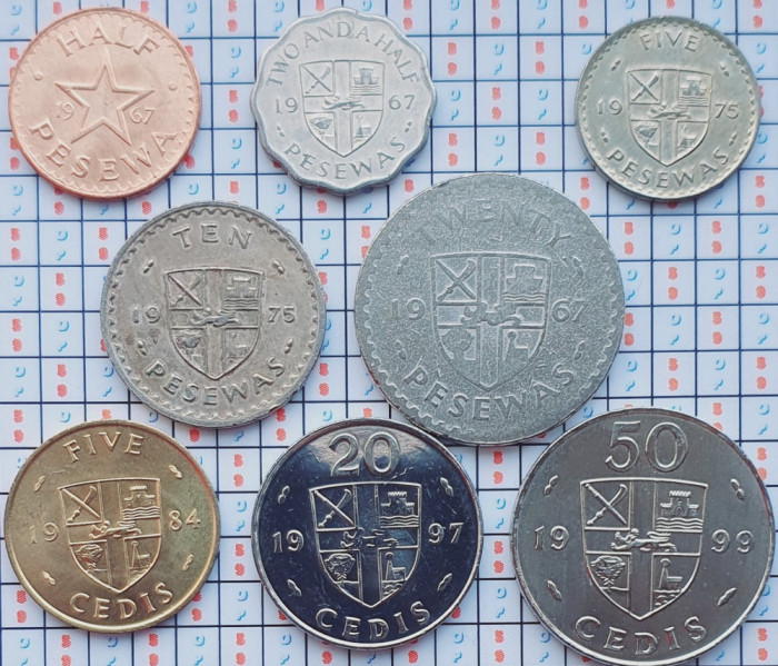 01B44 Ghana set 8 monede 1/2 2 1/2 5 10 20 Pesewa 5 20 50 Cedis 1967-1999 UNC