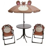 Set mobilier gradina/terasa pentru copii, pliabil, maro, model maimuta, 1 masa cu umbrela, 2 scaune, Melisenda GartenVIP DiyLine, Strend Pro