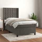 Gossi pat box spring cu saltea, gri inchis, 90x200 cm, catifea