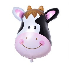 Balon din folie metalizata, flippy, mini figurine animalute, model vacuta, tematica aniversare, 45x40 cm, ambalaj individual, pai inclus, umflare cu a