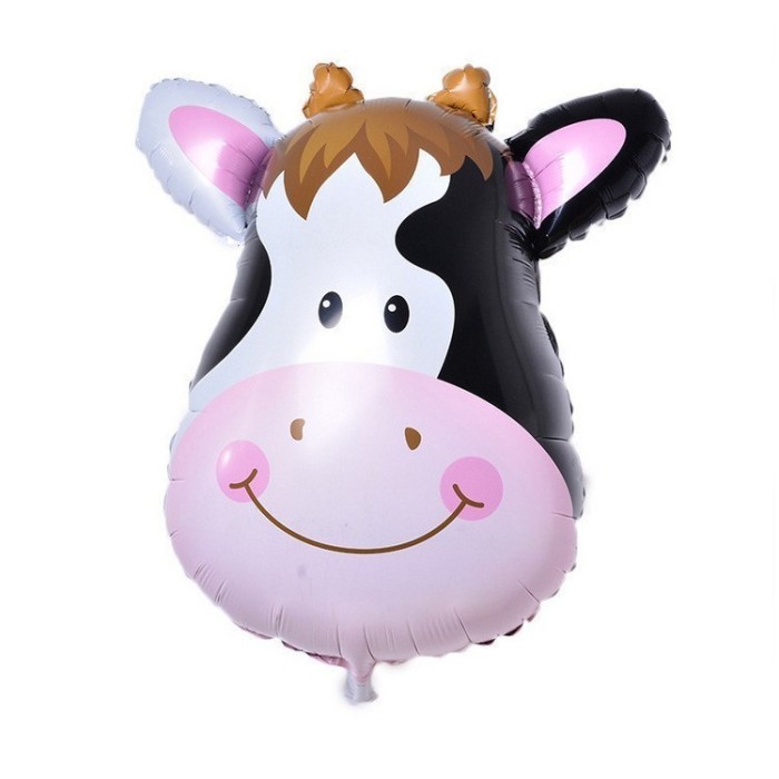 Balon din folie metalizata, flippy, mini figurine animalute, model vacuta, tematica aniversare, 45x40 cm, ambalaj individual, pai inclus, umflare cu a