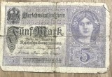BNKSTR03DE Bancnotă Veche Germania 5 Mark 1917 (Darlehnskassenschein), Primul Război Mondial, Imperiul German, Colecție / Numismatică
