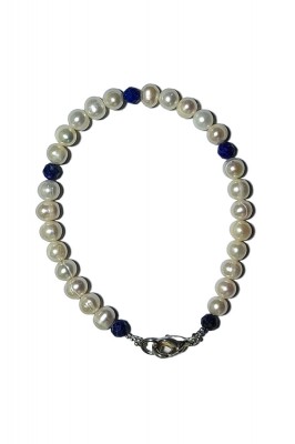 B364. Bratara Luxury cu Perle si Lapis Lazuli, fir metalic gilt, 18 cm foto