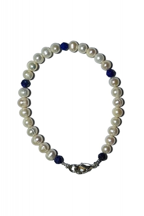 B364. Bratara Luxury cu Perle si Lapis Lazuli, fir metalic gilt, 18 cm