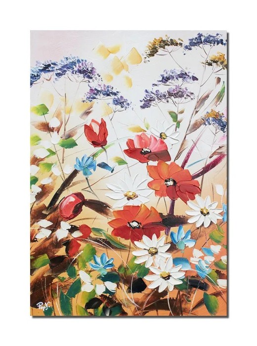 Tablou maci si margarete in camp, pictat manual, 60x40cm ulei pe panza in cutit efect 3D, Valentin Pop