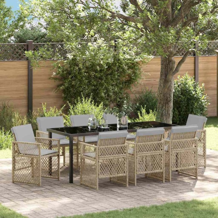 Set de grădină de 9 piese cu perne, rattan poliester bej