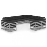 Cumpara ieftin Set mobilier gradina cu perne, 12 piese, gri, lemn masiv de pin