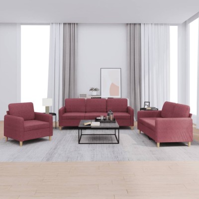Set canapea cu perne, 3 piese, roșu vin, material textil foto