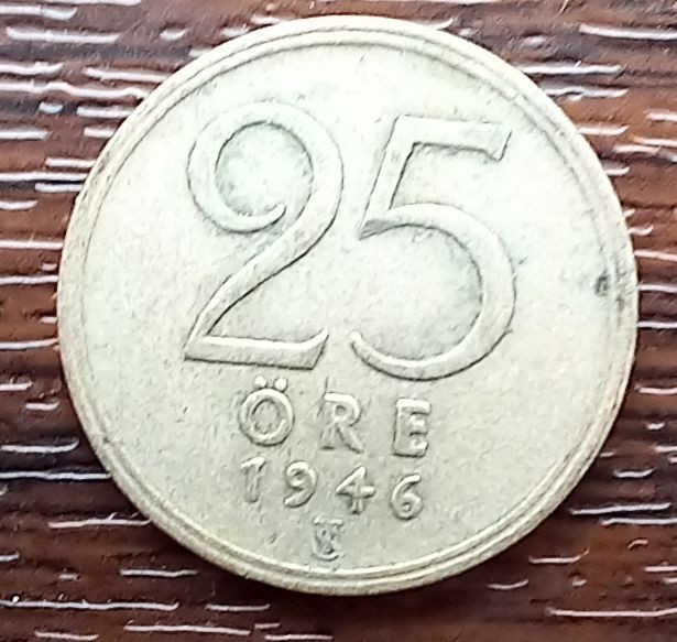 (A70) MONEDA DIN ARGINT SUEDIA - 25 ORE 1946, LIT. TS, REGELE GUSTAF V