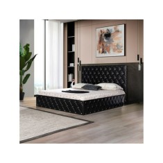 Pat Tapitat OTTO Negru 140 X 200 cu Lada de Depozitare, Somiera Rabatabilă + Saltea Ortopedica 20cm Grosime