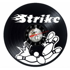 Ceas de perete decorativ realizat din disc de vinil, Model Bowling Strike, Bila in Impact cu Popicele, Text Stilizat Strike, Negru Premium, 30 cm