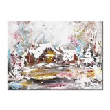 Tablou pictat manual, Peisaj hibernal, a venit iarna, stilizat, 40x30cm acril pe panza in cutit efect 3D, Kenny Varniote
