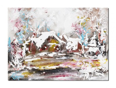 Tablou pictat manual, Peisaj hibernal, a venit iarna, stilizat, 40x30cm acril pe panza in cutit efect 3D, Kenny Varniote foto