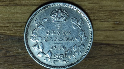 Canada - moneda de colectie argint sterling - 5 cents 1914 - George V - XF ! foto