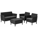 Set mobilier pentru gradina, polipropilena, Keter Salemo, pentru terasa, masa cu spatiu depozitare, canapea, 2 fotolii, aspect ratan, culoare graphite